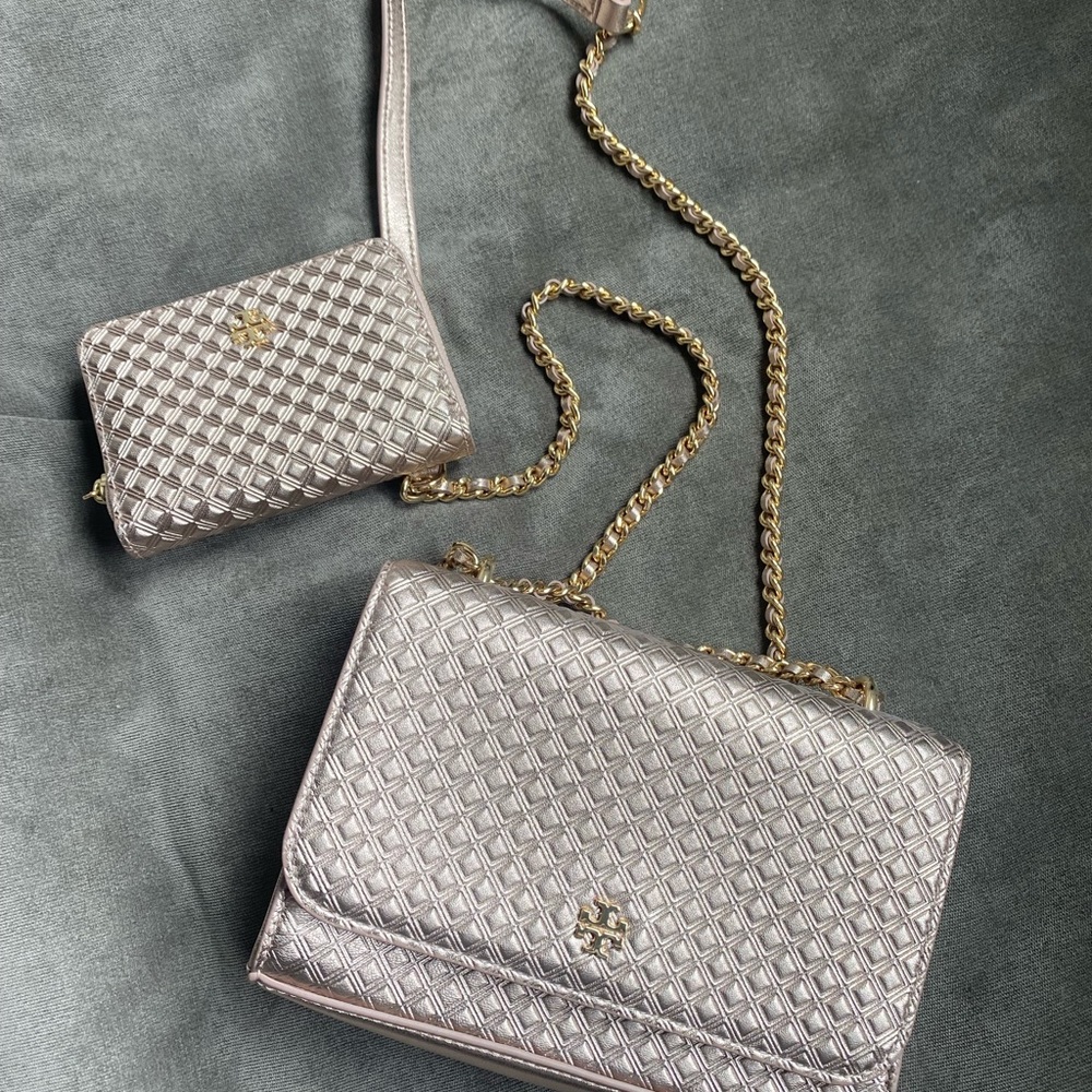 Tory Burch Metallic Rose Gold Purse w/ Matching Wallet